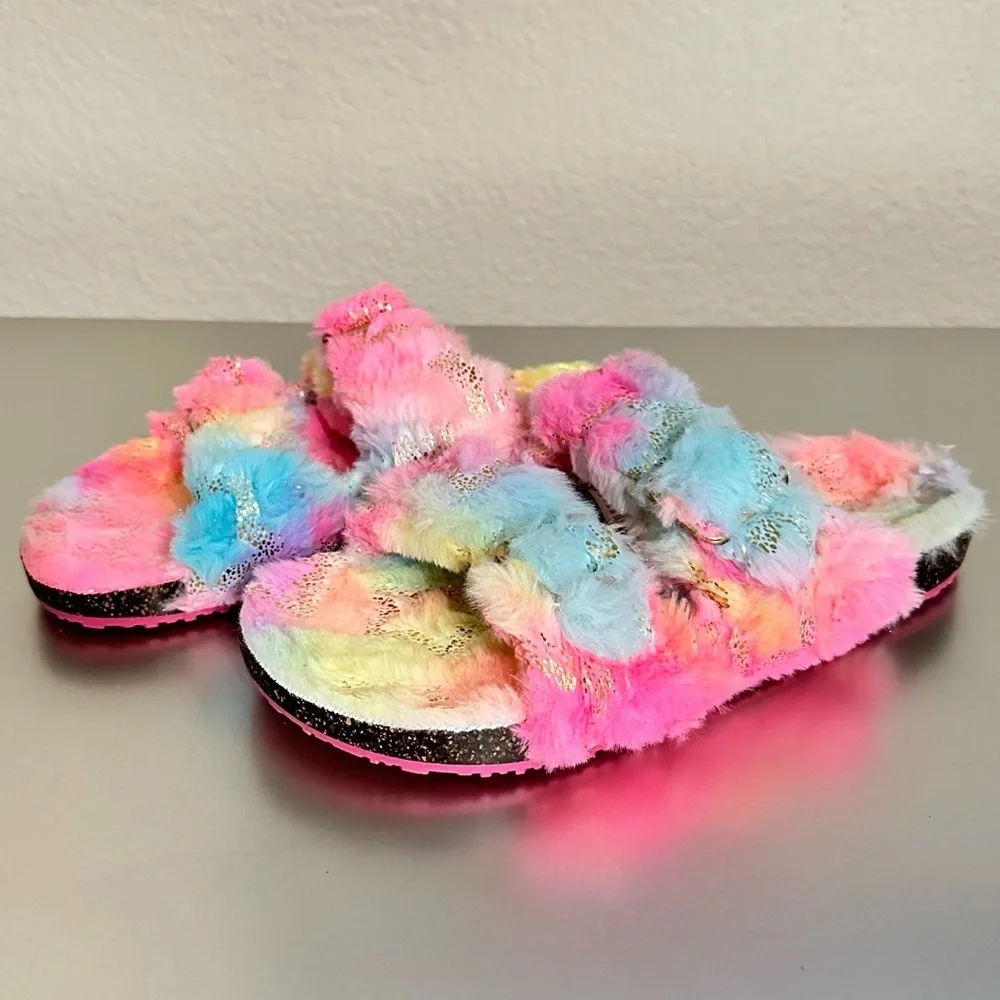 Cozy Pastel Rainbow Fuzzy Double-Strap Slip-On Slides Soft Plush Sandals Sz 4–5